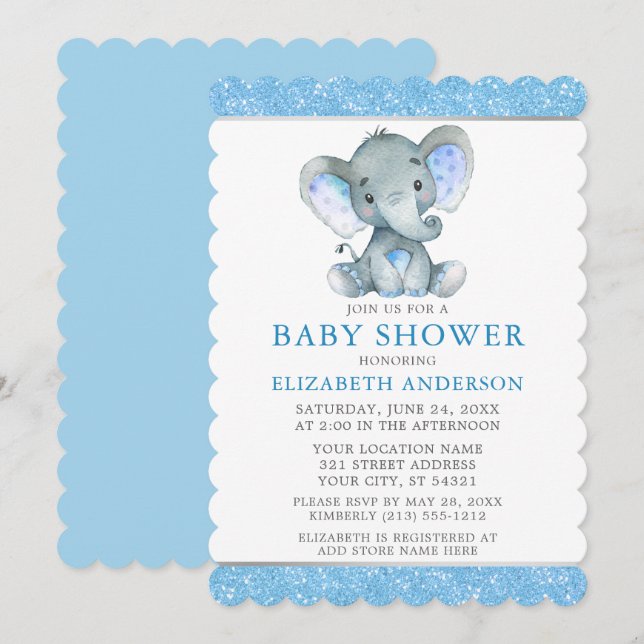 Wasserfarbe Elephant Blue Glitzer Babydusche Einladung (Vorne/Hinten)