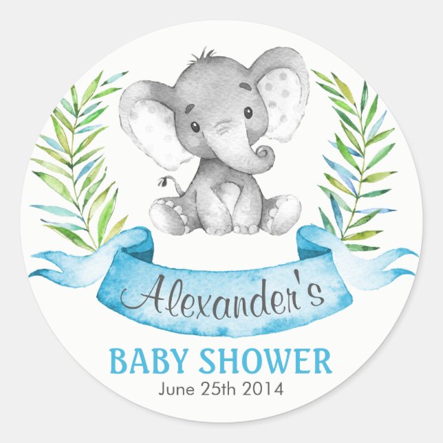 Wasserfarbe Elephant Boy Baby Dusche Runder Aufkleber (Vorderseite)