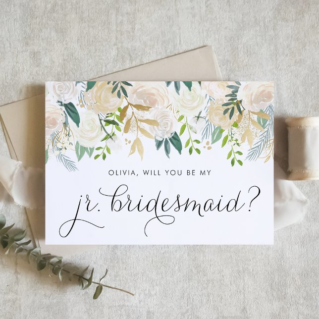 Wasserfarbe Elfenbeinfloral Junior Bridesmaid Vors Karte (Floral jr bridesmaid card with watercolor ivory flowers, greenery, and faux gold foil accent.)