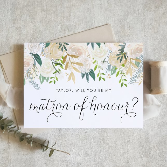 Wasserfarbe Elfenbeinflorengarland Matron of Honou (Floral matron of honour proposal card with ivory flowers, greenery, and faux gold foil accent.)
