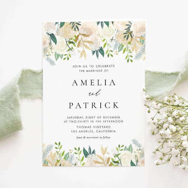 Wasserfarbe Elfenbeinküste Blume Garland QR Hochze Einladung (Elegant QR code wedding invitation with ivory florals, greenery, and faux gold foil accents.)