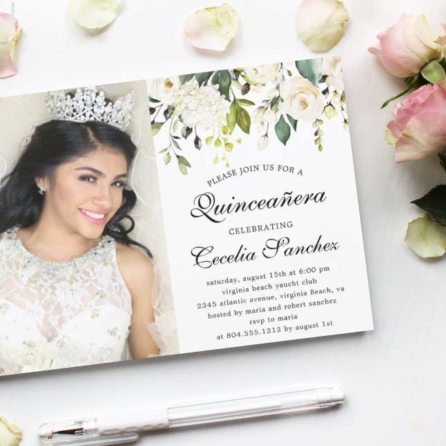 Wasserfarbe Elfenbeinküste Rose Quinceanera Foto Einladung (Von Creator hochgeladen)