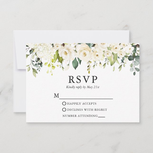 Wasserfarbe Elfenbeinweiße Blumengrün Hochzeit RSVP Karte (Vorderseite)