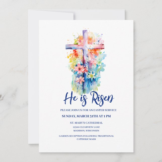 Wasserfarbe Er ist Risen Religious Oster Floral Einladung (Vorderseite)