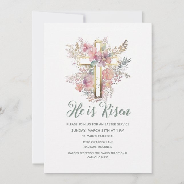 Wasserfarbe Er ist Risen Religious Oster Floral Einladung (Vorderseite)