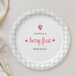 Wasserfarbe Erdbeere Berry Erste Geburtstagsparty Pappteller<br><div class="desc">Die Teller der hausgemachten Geburtstagsfeier mit dem modernen Handskript "berry first",  Aquarellerbeeren und Büffel-Karo-Design.</div>