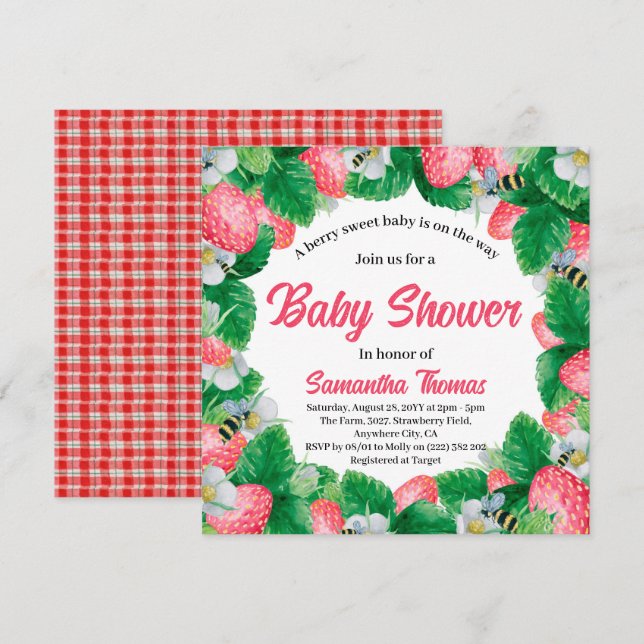 Wasserfarbe Erdbeere Berry Sweet Baby Dusche Einladung (Vorne/Hinten)