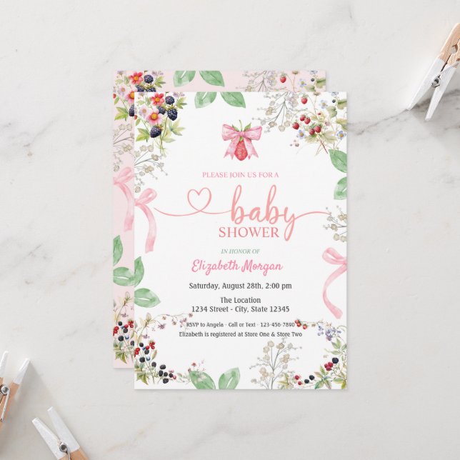 Wasserfarbe Erdbeere Bow Raspberry Baby Dusche Einladung (Vorderseite/Rückseite Beispiel)