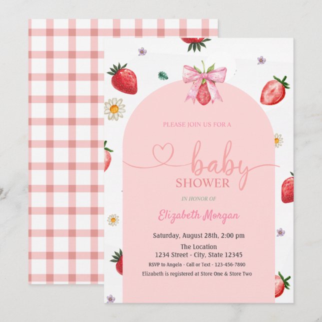 Wasserfarbe Erdbeere Bow Red Kariert Baby Dusche Einladung (Vorne/Hinten)