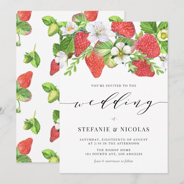 Wasserfarbe Erdbeere Garland Botanische Hochzeit Einladung (Vorne/Hinten)