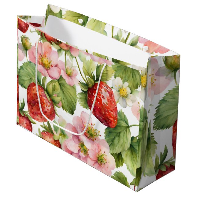 Wasserfarbe Erdbeeren Früchte und rosa Blume Große Geschenktüte (Vorderseite Schrägansicht)