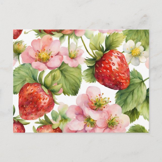 Wasserfarbe Erdbeeren Früchte und rosa Blume Postkarte (Vorderseite)