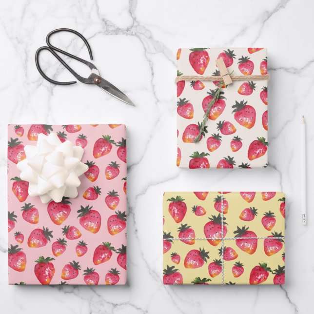 Wasserfarbe Erdbeermuster handgemalt Boho Geschenkpapier Set (Vorderseite)