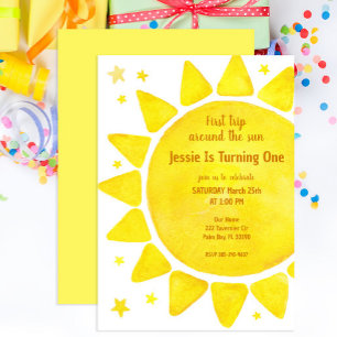 Wasserfarbe Erste Reise um die Sonne 1. Geburtstag Einladung