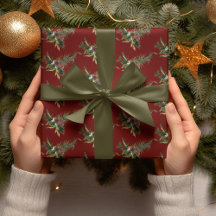 Wasserfarbe Evergreen Branch auf Cranberry Red