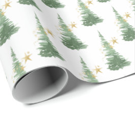 Wasserfarbe Evergreen Tree mit Goldstars Geschenkpapier