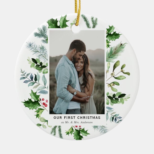 Wasserfarbe Evergreen und Holzes gerahmtes Foto Keramik Ornament (Vorne)