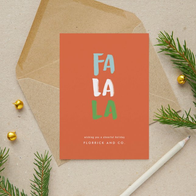 Wasserfarbe Fisch La La La Rote Weihnachten (Watercolor letters Fa La La in classic Christmas colors on a red background create this holiday card)