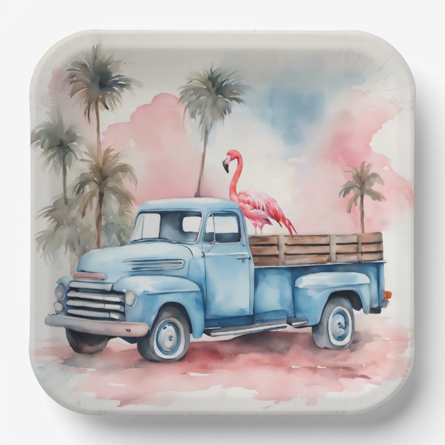 Wasserfarbe Flamingo in Retro Blauer LKW Pappteller (Vorderseite)