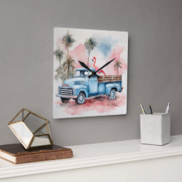 Wasserfarbe Flamingo in Retro Blauer LKW Quadratische Wanduhr