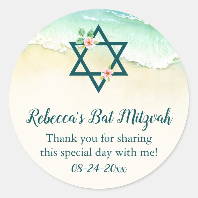 Wasserfarbe Floral Beach Bat Mitzvah Runder Aufkleber (Vorderseite)