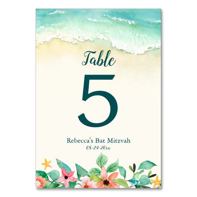 Wasserfarbe Floral Beach Bat Mitzvah Tischnummer (Vorderseite)