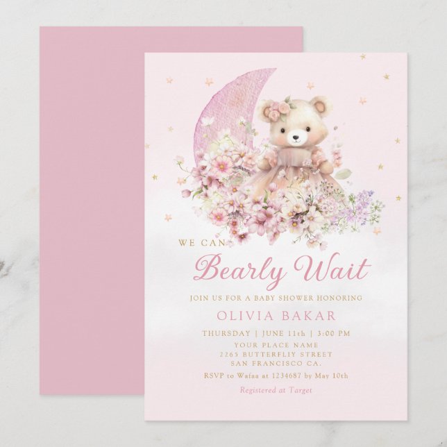 Wasserfarbe Floral Boho Teddy Bear Girl Babydusche Einladung (Vorne/Hinten)