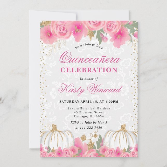 Wasserfarbe Floral Fall Pumpkin Quinceanera Einladung (Vorderseite)