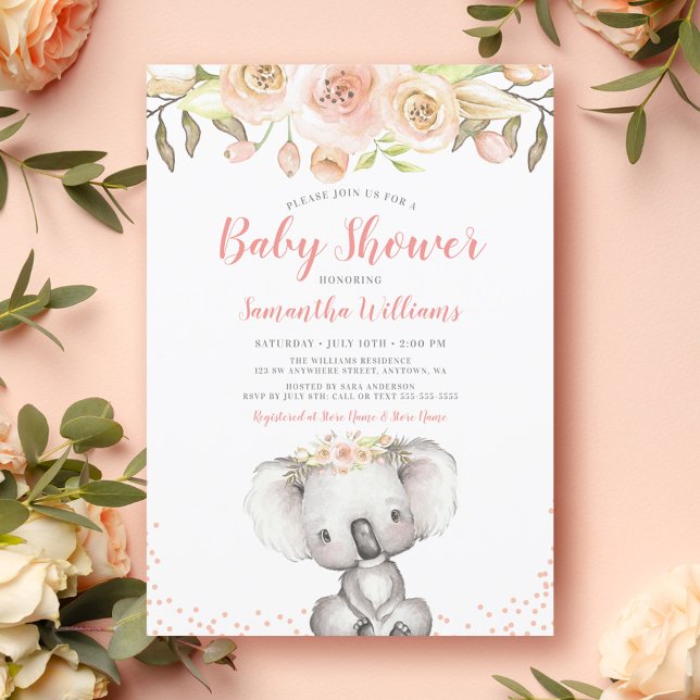 Wasserfarbe Floral Koala Girl Babydusche Einladung (Von Creator hochgeladen)
