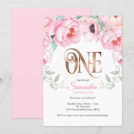 Wasserfarbe Floral, Rose gold, Mädchen, erster Geb Einladung
