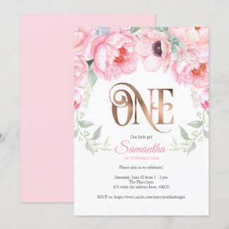 Wasserfarbe Floral, Rose gold, Mädchen, erster Geb Einladung
