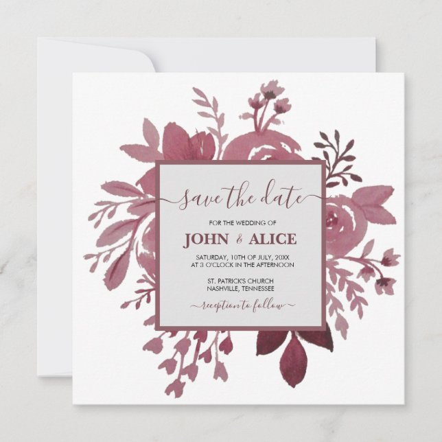 Wasserfarbe florale Burgund Hochzeit speichern Sie Einladung (Vorderseite)
