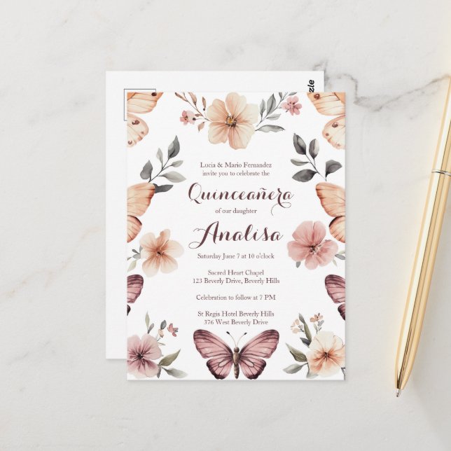Wasserfarbe Florals Butterfliegen Quinceañera CUST Postkarte (Vorderseite/Rückseite Beispiel)