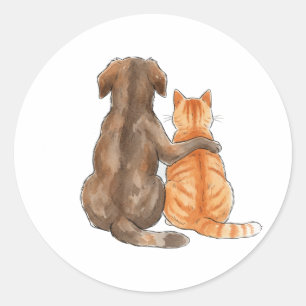 Wasserfarbe Freundschaft zwischen Hund und Katze Runder Aufkleber