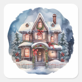 Wasserfarbe Frohe Weihnachten Gemütliche Haus Quadratischer Aufkleber