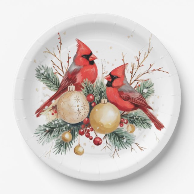 Wasserfarbe Frohe Weihnachten Roter Kardinal & Ber Pappteller (Vorderseite)
