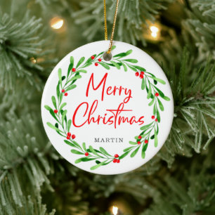 Wasserfarbe Frohe Weihnachtskranz Personalisiert Keramik Ornament