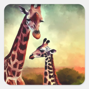 Wasserfarbe für Mama- und Baby-Giraffe, Quadratischer Aufkleber