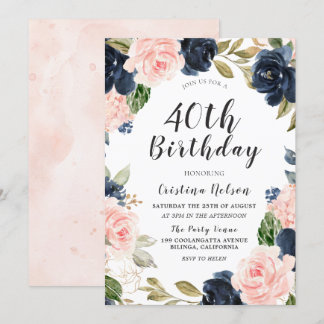 Wasserfarbe für Navy & Blush 40. Geburtstags-Party Einladung