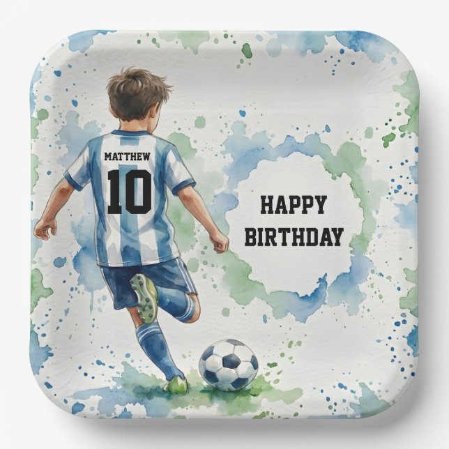 Wasserfarbe Fußballjunge Geburtstag Blau Pappteller (Vorderseite)
