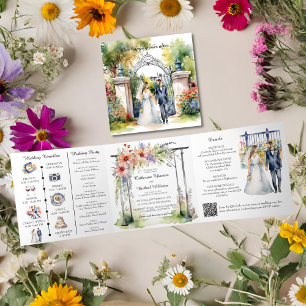 Wasserfarbe-Garten-Zaun Wildblumen-Hochzeit-QR-Cod Dreifach Gefaltete Einladung
