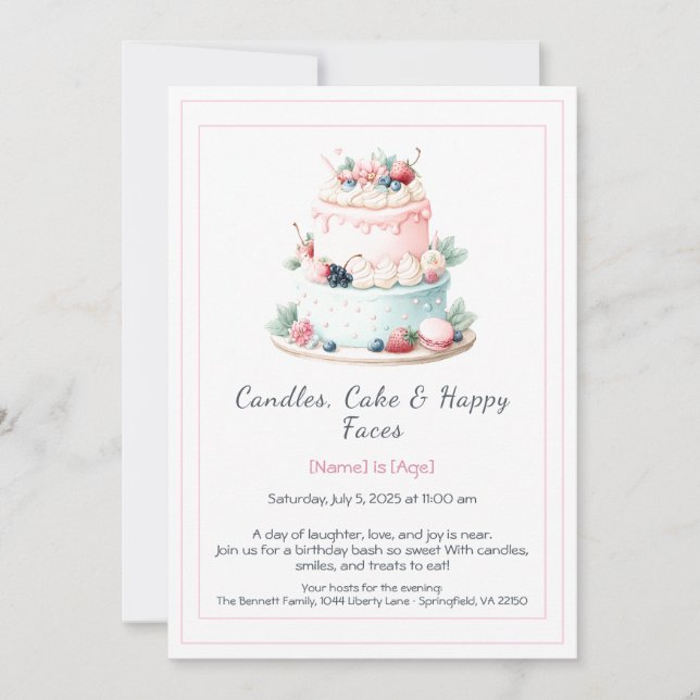 Wasserfarbe Geburtstagskuchen Einladung - süß (Vorderseite)