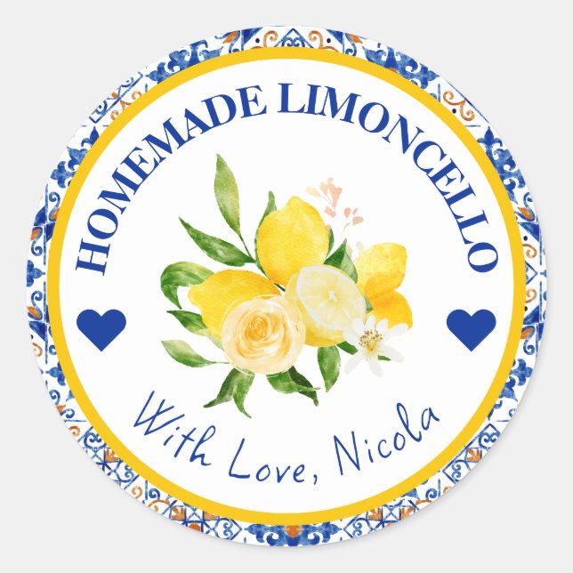 Wasserfarbe Gelb & Blau, hausgemachte Limoncello Runder Aufkleber (Vorderseite)