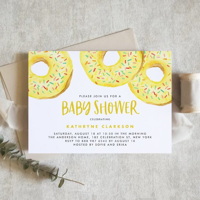 Wasserfarbe Gelbe Sprinkle Donuts Kinderdusche Einladung (Watercolor Yellow Sprinkle Donuts Baby Shower Invitation)