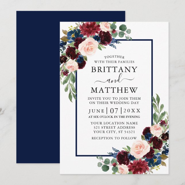 Wasserfarbe gemischte Blütenburgundy Blue Wedding Einladung (Vorne/Hinten)
