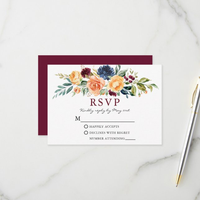 Wasserfarbe gemischte Blütengrün Burgund Hochzeit RSVP Karte (Vorderseite/Rückseite Beispiel)