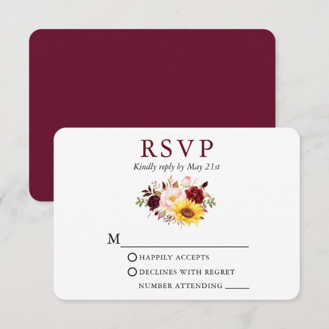 Wasserfarbe gemischte Blütenhochzeit Burgund RSVP Karte (Vorne/Hinten)