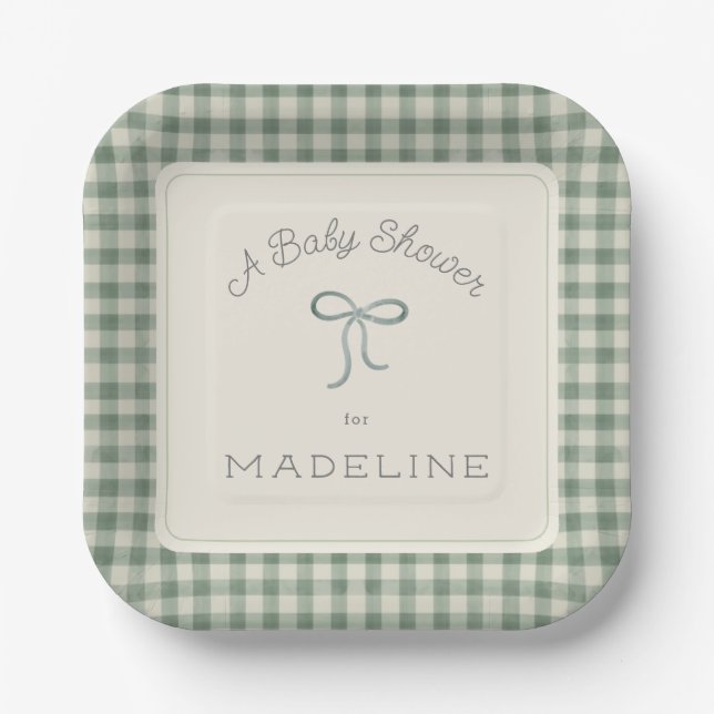 Wasserfarbe Gingham Antique Sage Green Baby Dusche Pappteller (Vorderseite)