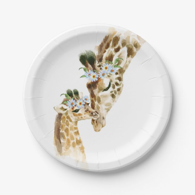 Wasserfarbe, Giraffe, Mama und Baby, Babydusche, n Pappteller (Vorderseite)