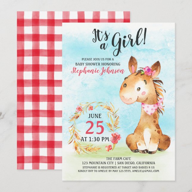 Wasserfarbe Girl Horse Kinderdusche Farm Einladung (Vorne/Hinten)